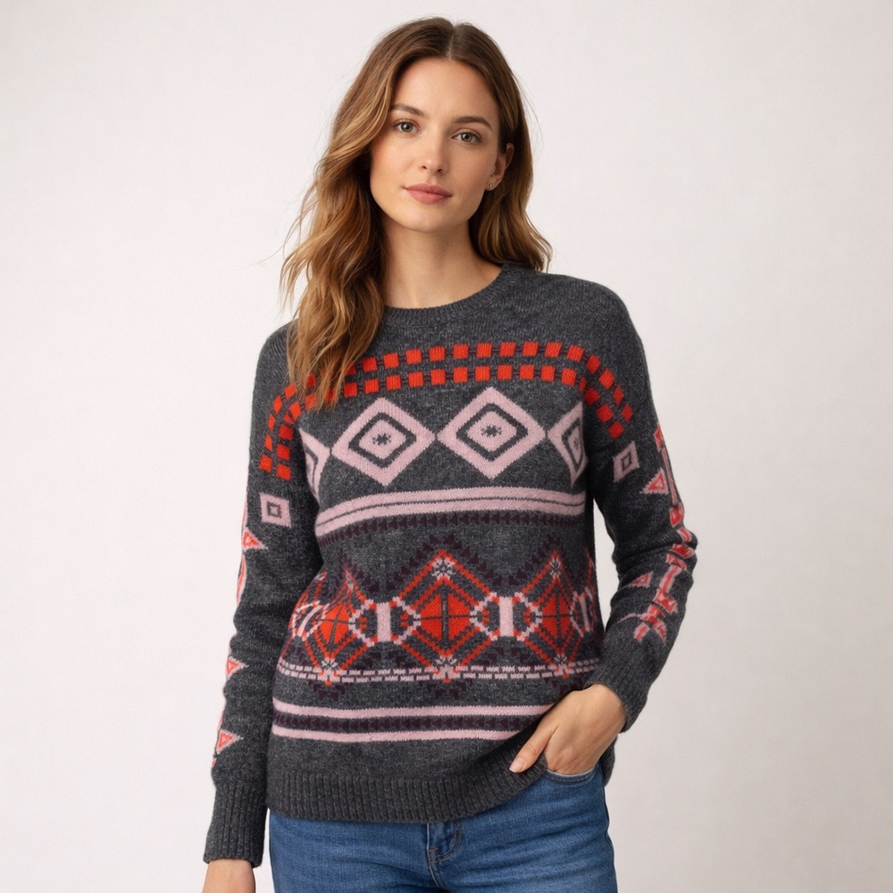 J.Crew Fair Isle Sweater Medium Wool Mohair Gray Pink Nordic Pullover